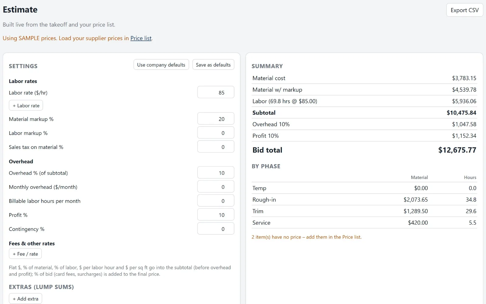 Estimate screen with labor rate, markup, overhead and profit settings and a bid total broken down by temp, rough-in, trim and service