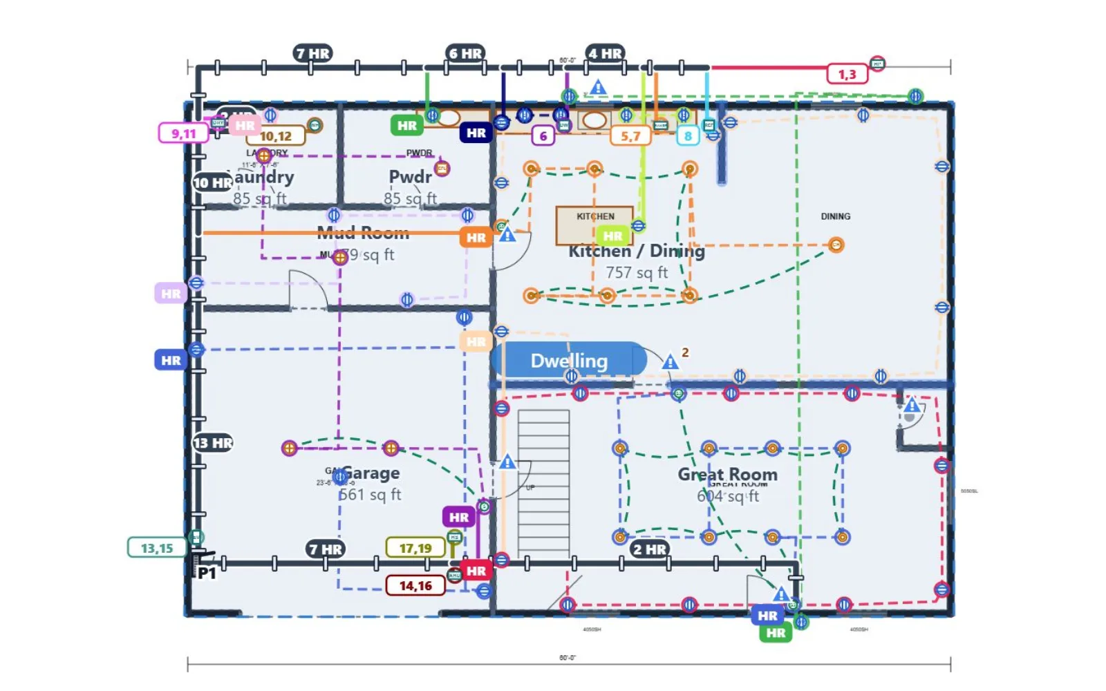 Housewire plan view: a first floor with receptacles, recessed cans and switches, each circuit color-coded, and homerun bundles running to panel P1 with Homer Helper supports